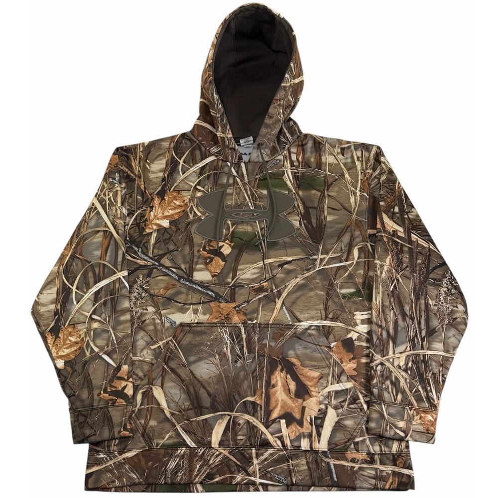 Under Armour Camo Hunting Hoodie Duck Blind Brown Fishing Sweatshirt Men's Large
